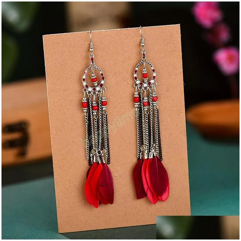 bohemian long chain tassel earrings for women natural feather dangle earrings jewelry summer holiday boho earring