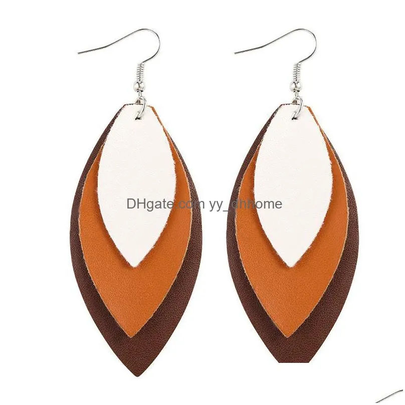  fashion designer pu leather multilayer leaf dangle earring for women girls oval shape silver plated hook drop earring christmas