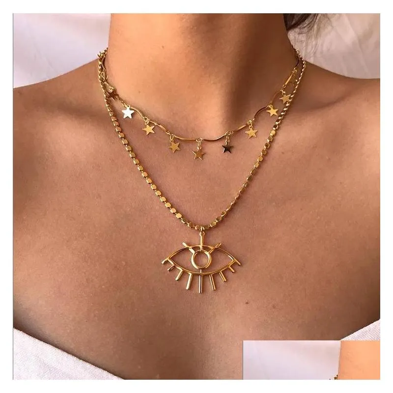 fashion jewelry eye pendant multilayer necklace retro stars clavicle chain necklace