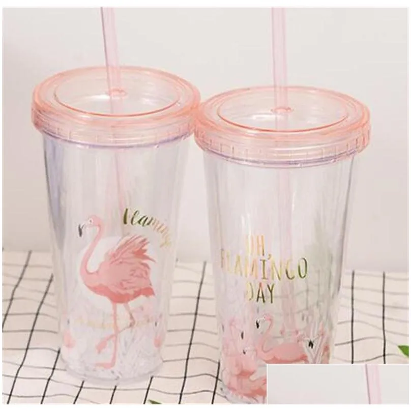 flamingo originality plastic straw cup transparent double deck water bottle flash film beverage tumbler heat insulation cold 8 2jlb1