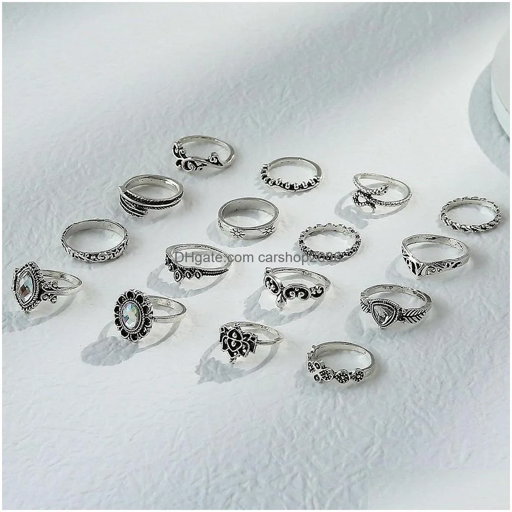 fashion jewelry vintage ring set snake carved flower feather crown rings sets 16pcs/set