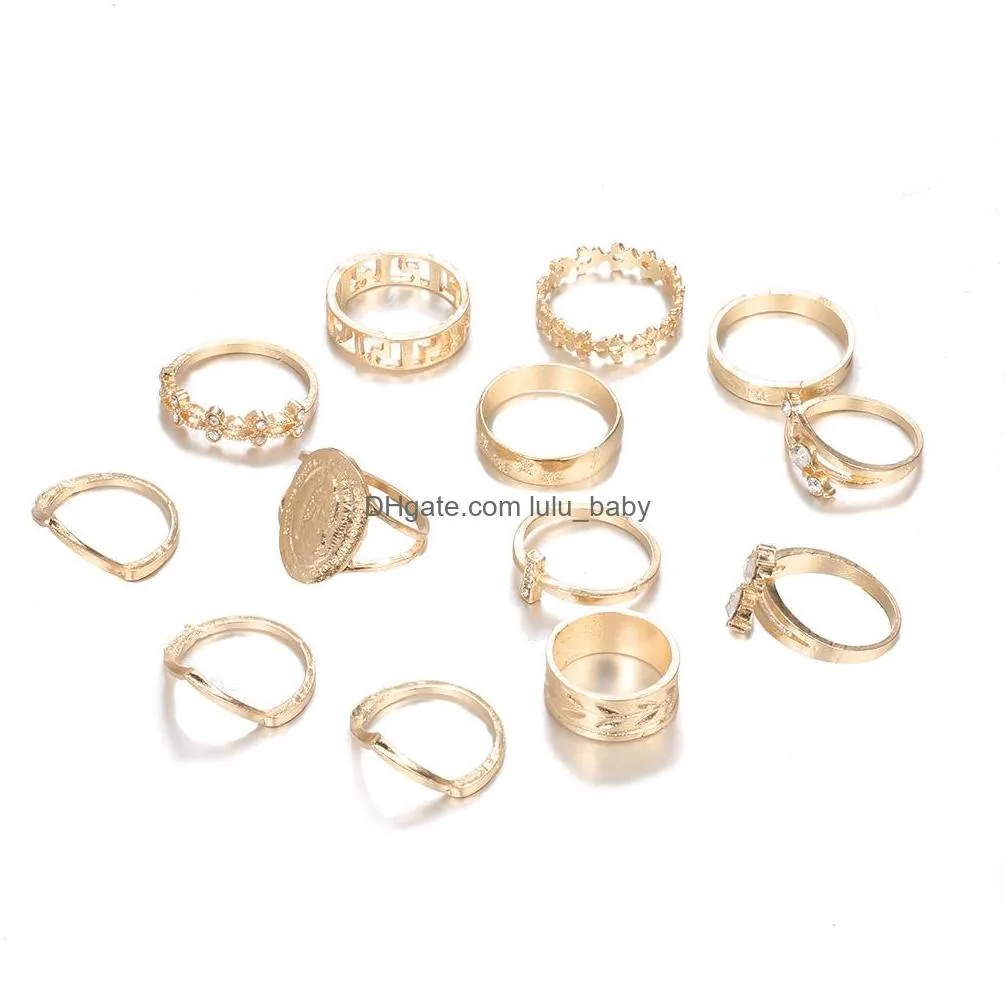 bohemian fashion jewelry knuckle ring set hollow out flower stacking rings midi rings 13pcs/set