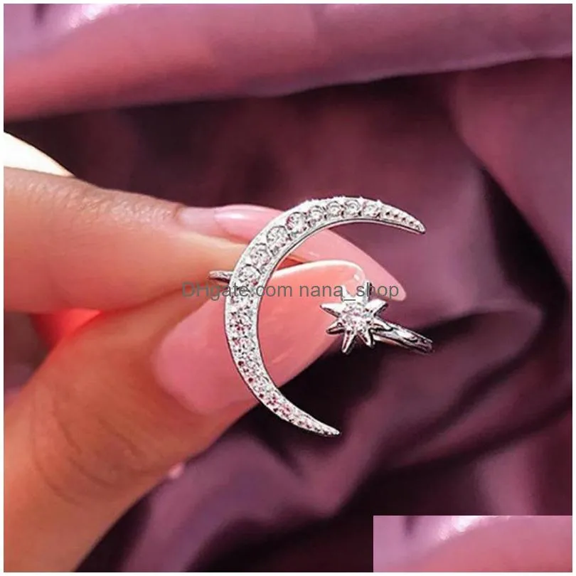 fashion jewelry moon star ring womens rhinstone 18k gold plated opening adjustable rings