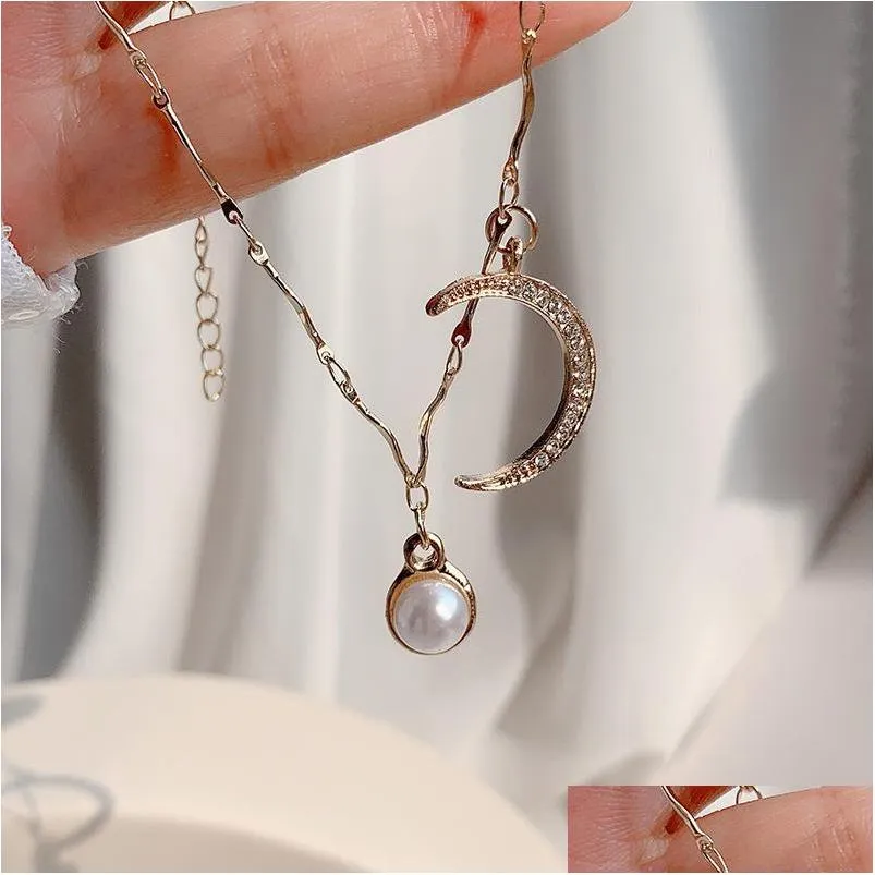 fashion jewelry rhinstone moon faux pearl necklace lady sweet choker necklace