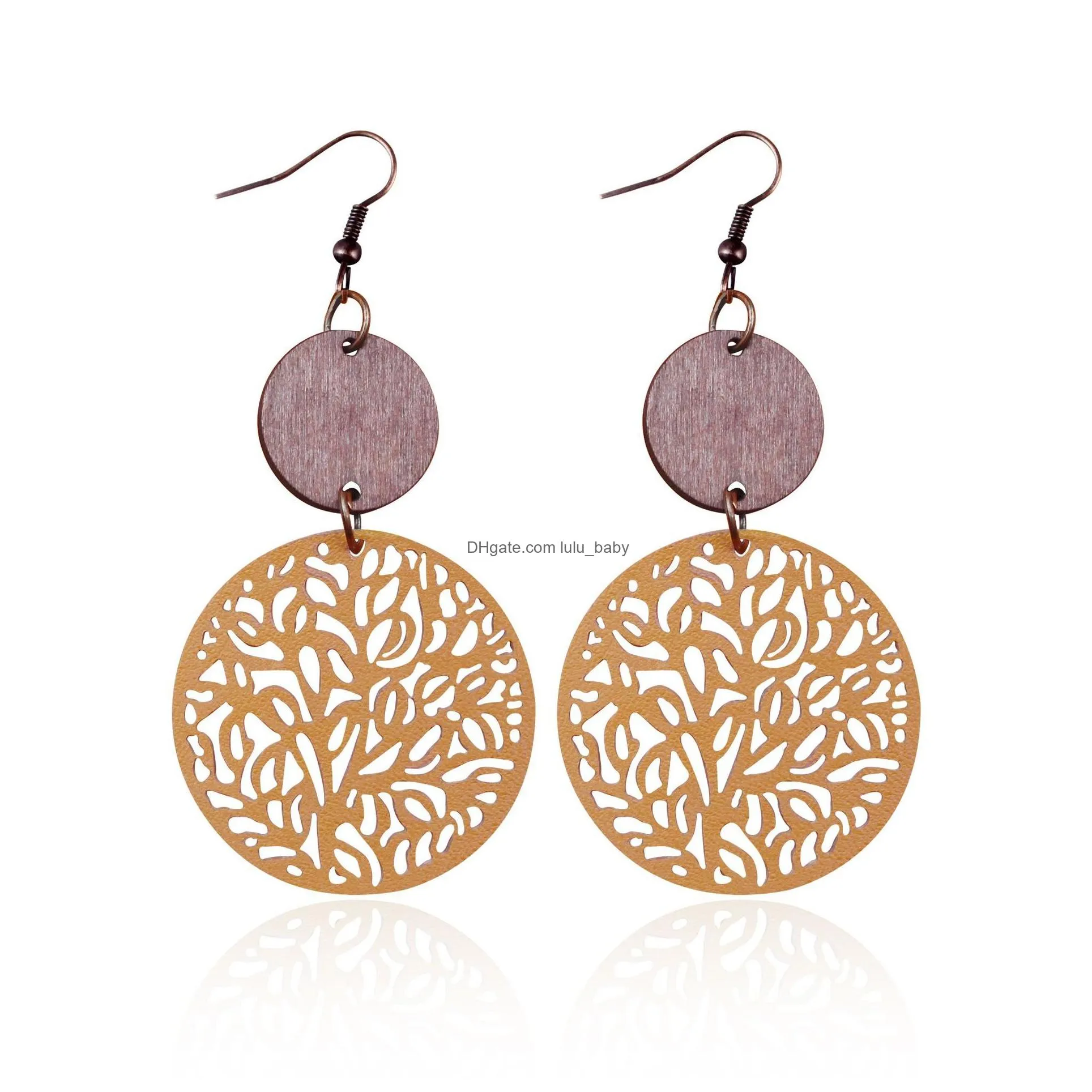 fashion jewelry dangle earrings for women vintage pu leather hollowed out carved flower round wood earrings