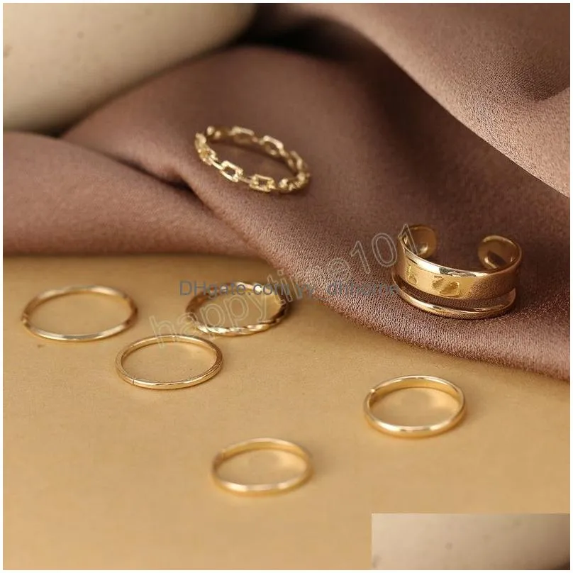 7pcs fashion jewelry ring set metal hollow round opening women finger ring for girl lady party wedding gifts