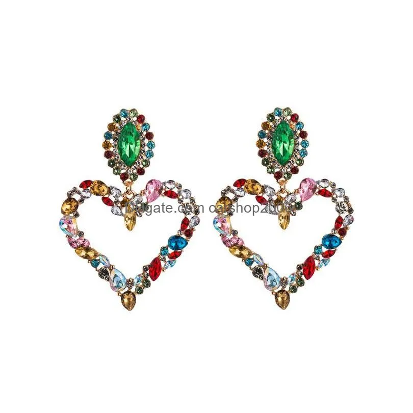 fashion jewelry exaggerated peach heart diamond earrings colorful rhinstone dangle stud earrings