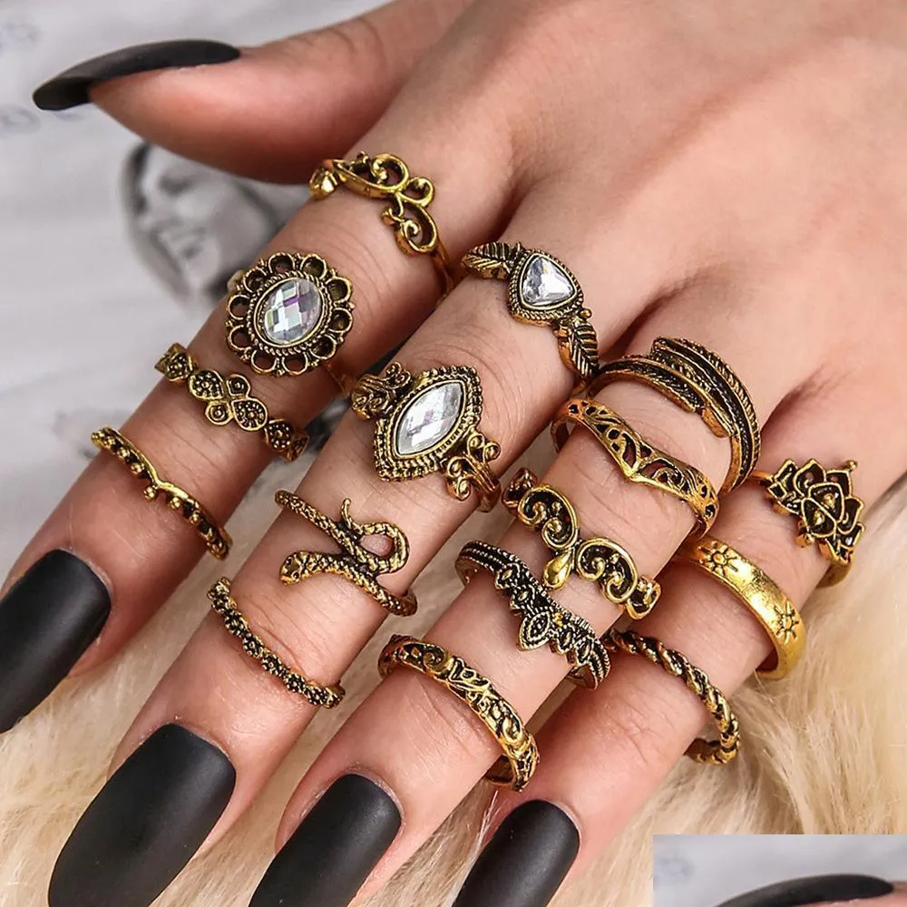 fashion jewelry vintage ring set snake carved flower feather crown rings sets 16pcs/set