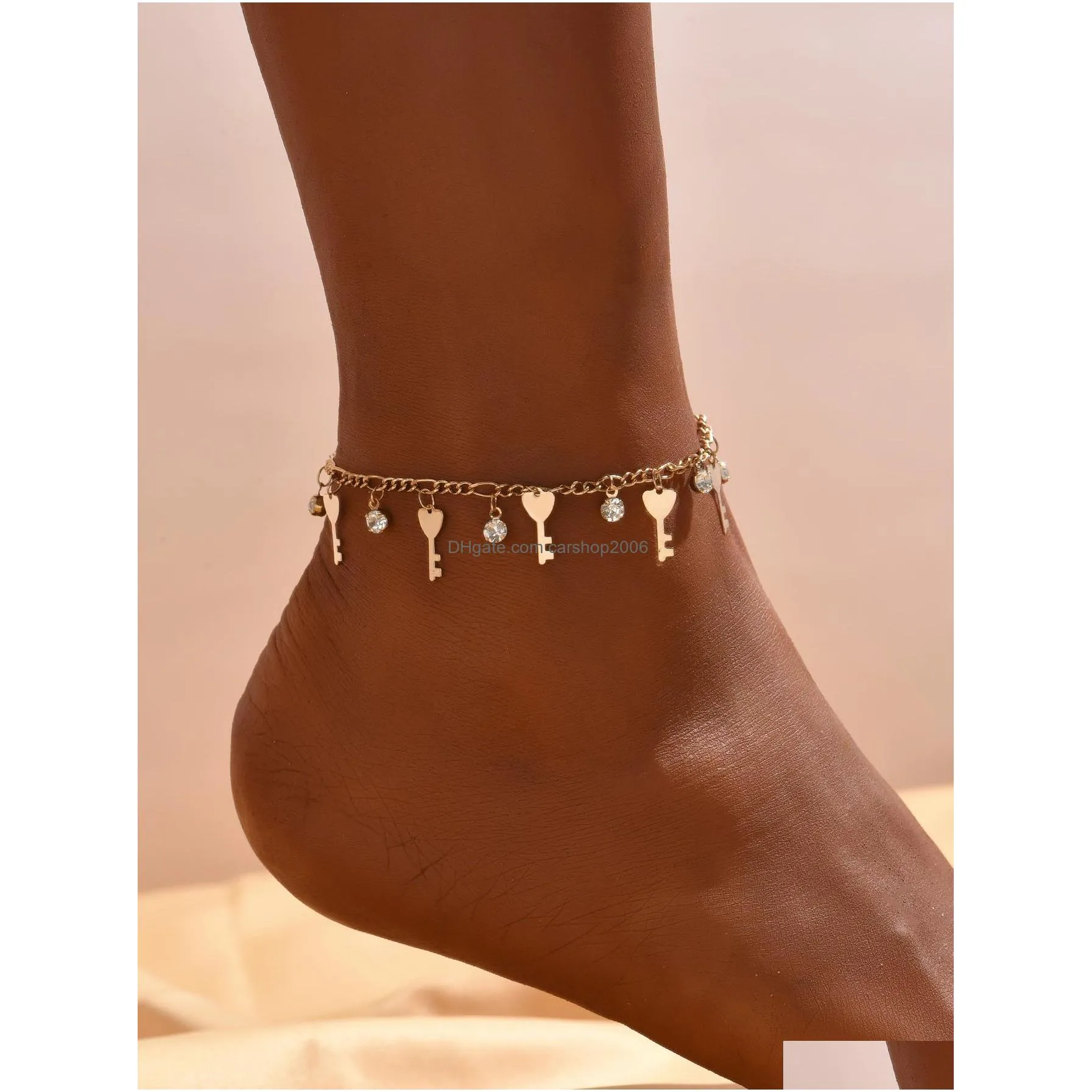 boehmian fashion jewelry key pendant anklet rhinestone dangle beach chain anklets