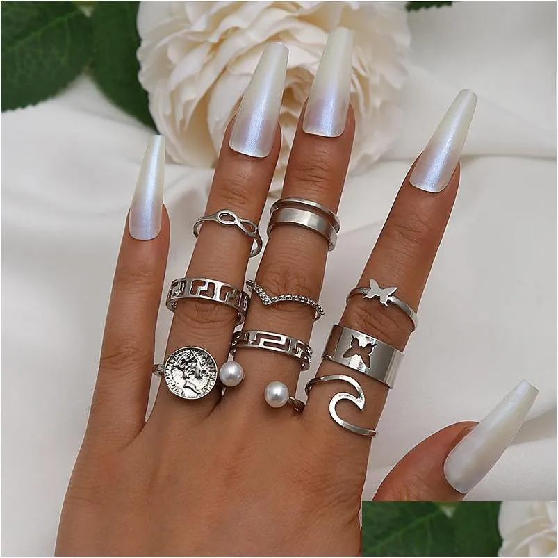 fashion jewelry knuckle ring set silver geometric hollow butterfly stacking rings set 10pcs/set