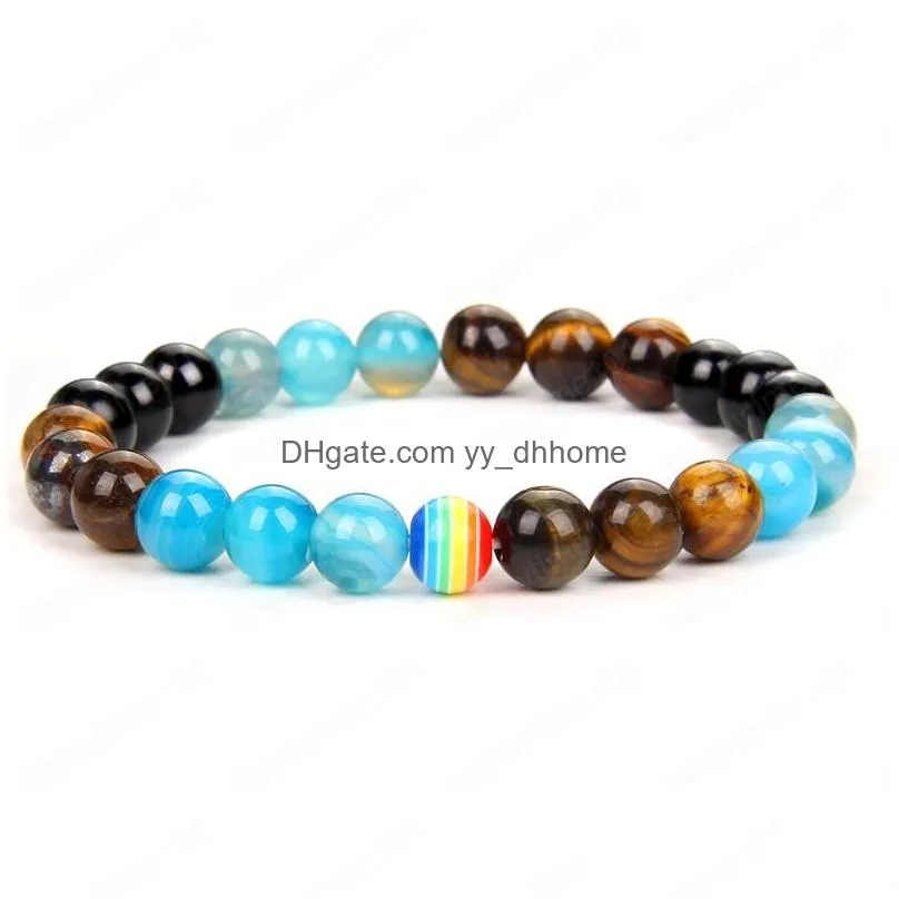 rainbow bead bracelets lucky lover jewelry for women men natural round colorful striped agates tiger eye stone bead bracelet gift