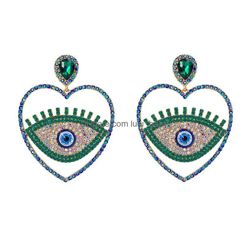 fashion jewelry dangle exaggerated evil eye earrings for women colorful rhinestone heart hollowed out blue eyes stud earrings