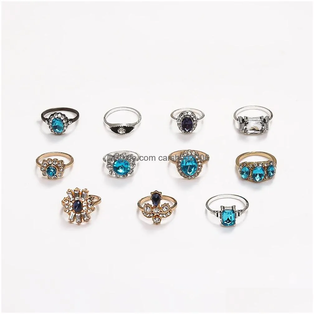 fashion jewelry blue black rhinstones double color ring set knuckle rings 11pcs/set