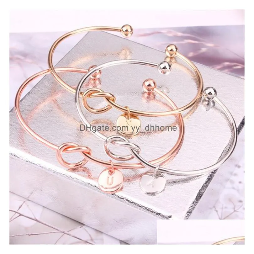 26 letter rose gold silver gold color knot heart bracelet bangle girl fashion jewelry zinc alloy round pendant chain link bracelets