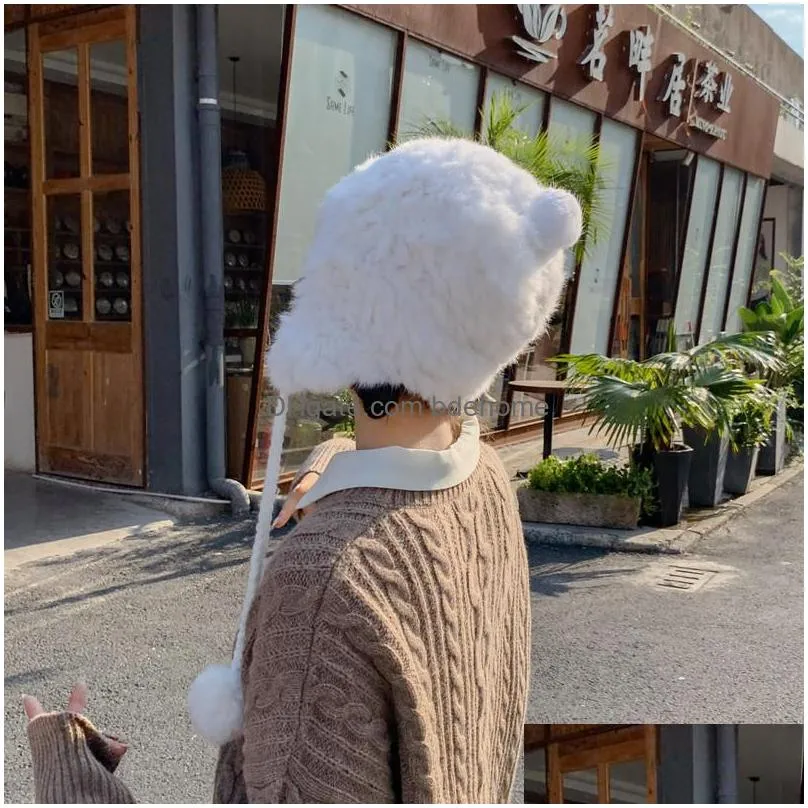 winter womens rabbit fur hat beanies cap lady knitted fur hat caps wool ball earmuffs warm casual hats