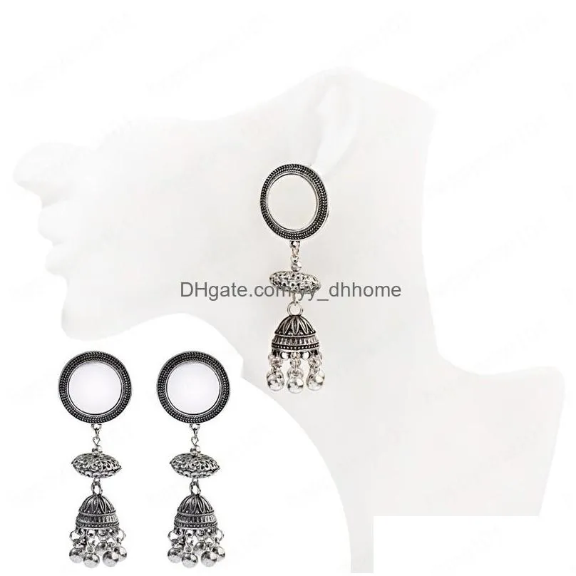 ethnic silver color long beads earrings for women round mirror dangle earrings afghan mexico indian jewelry