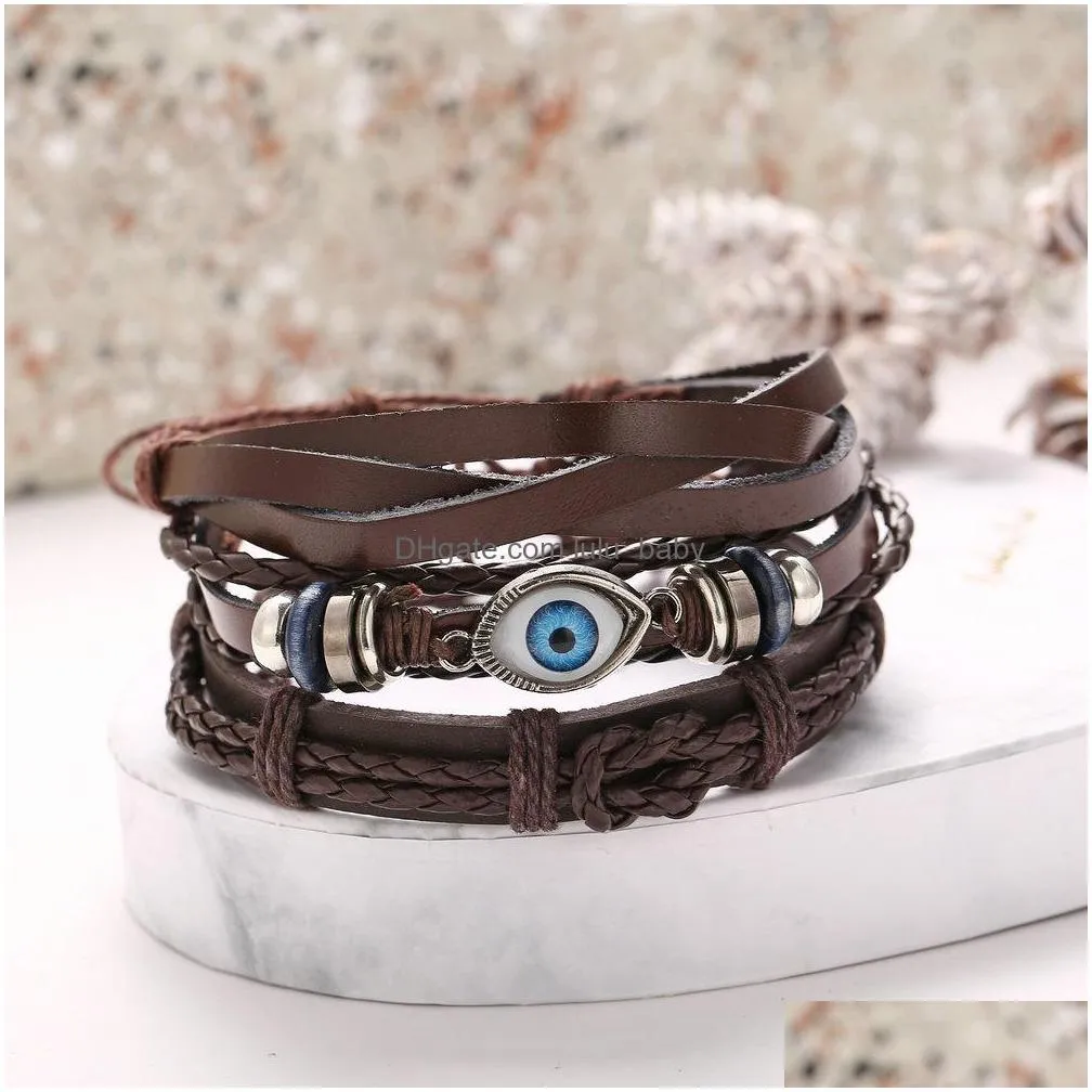 fashion jewelry men leather cord handmade woven bracelet vintage multi layer eye charms bracelet punk leather bracelets