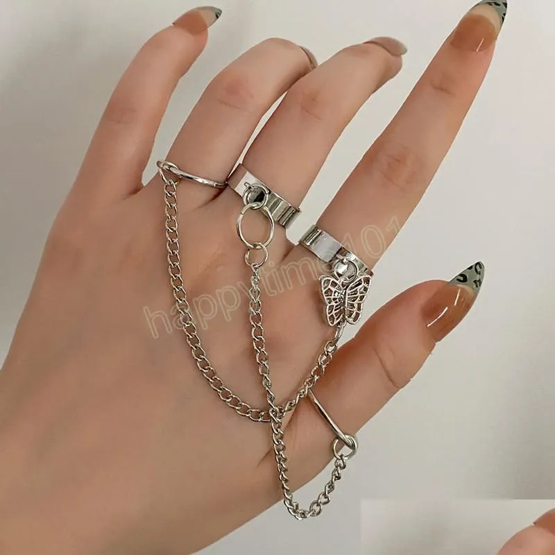 hiphop chain rings multilayer open finger ring set alloy man rings for women butterfly party gift jewelry