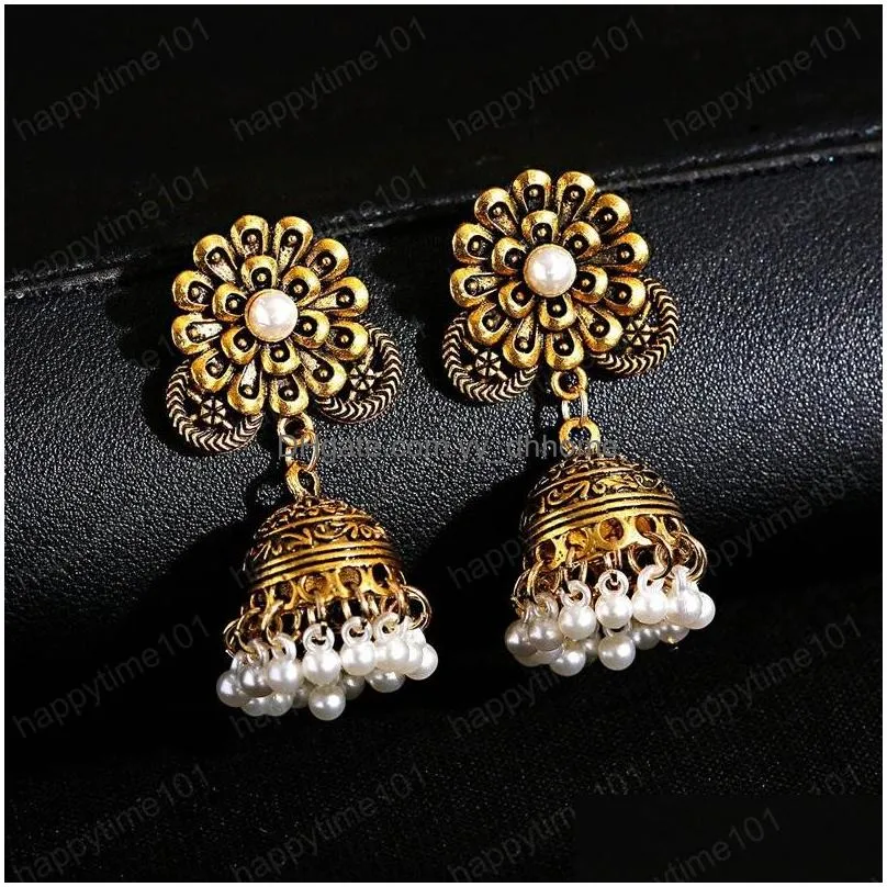 boho ethnic ladies earrings pendient afghan gold color flower gyspy pearl bell tassel indian earring jewelry