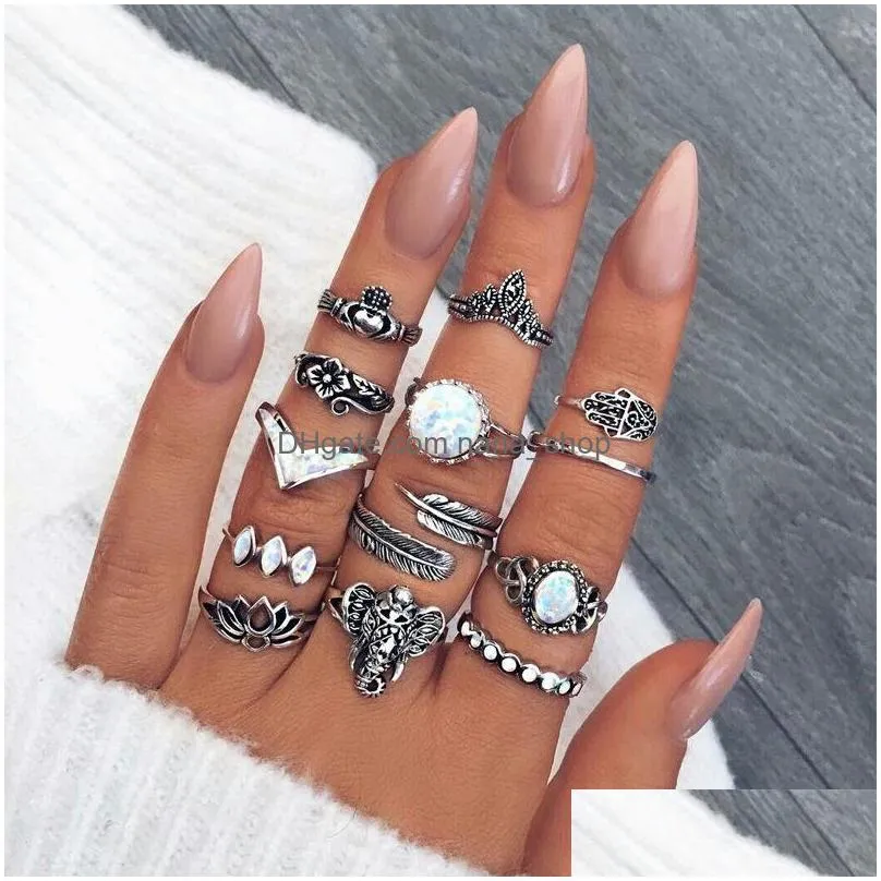 fashion jewelry ancient silver knuckle ring set opal crown flower elephant stacking rings midi rings set 13pcs/set