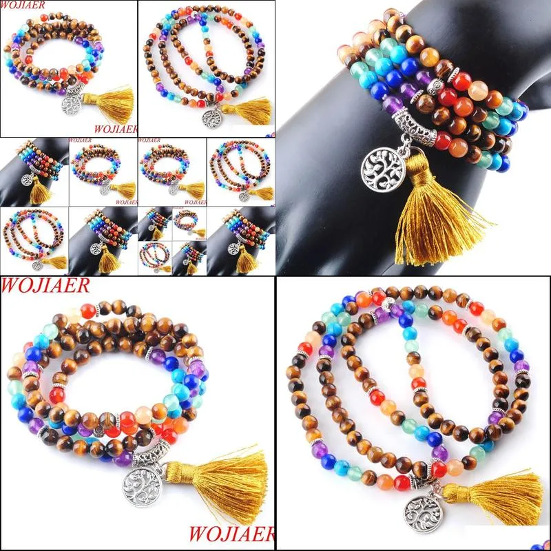 108 meditation multi-layer long strands bracelets 7 chakra yoga natural round tigers eye mala beads life tree tassel jewelry