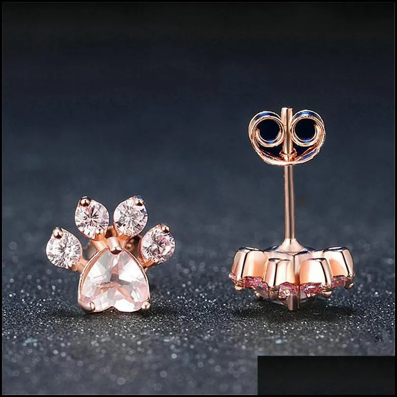 fashion cute rose gold bear paw dog cat claw pink necklace shiny cubic zirconia footprint necklaces for women love jewelry