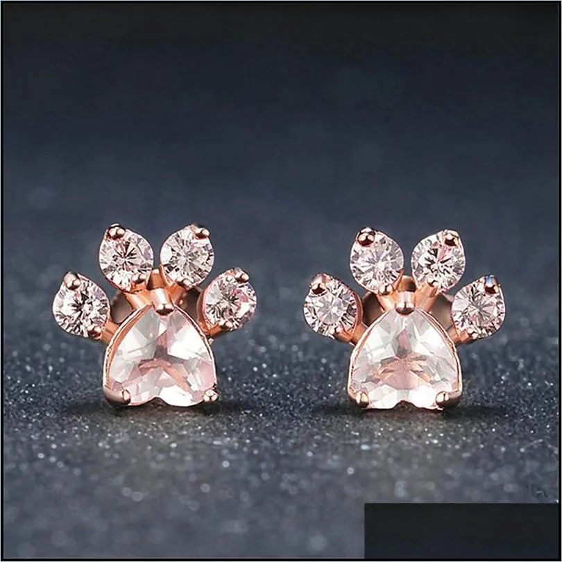 fashion cute rose gold bear paw dog cat claw pink necklace shiny cubic zirconia footprint necklaces for women love jewelry