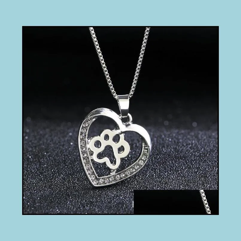 fashion heart cat dog paw necklaces inlaid crystal elegant statement jewelry alloy silver color lovely animal footprint necklace