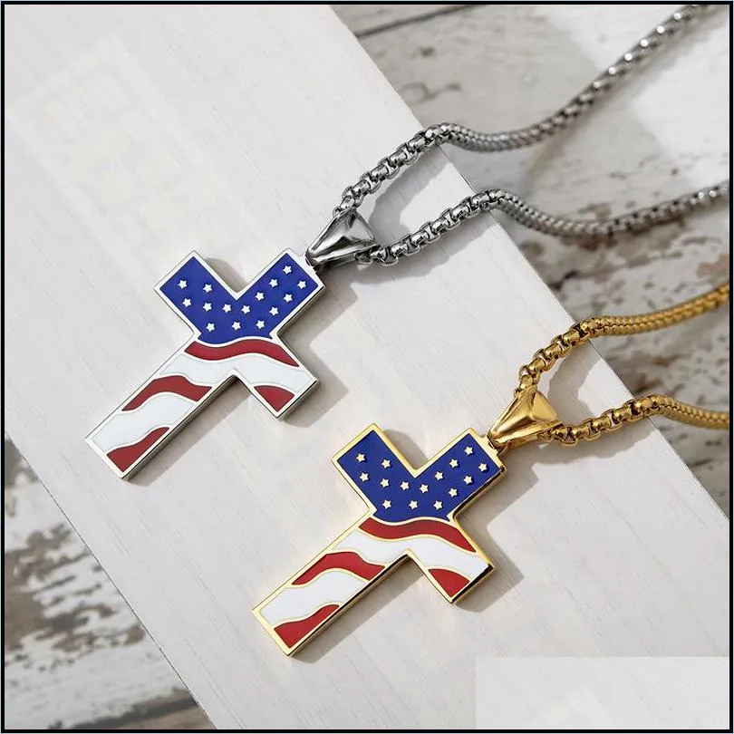 stainless steel american flag cross necklace for men women punk usa flag geometric pendant men`s women`s necklaces jewelry