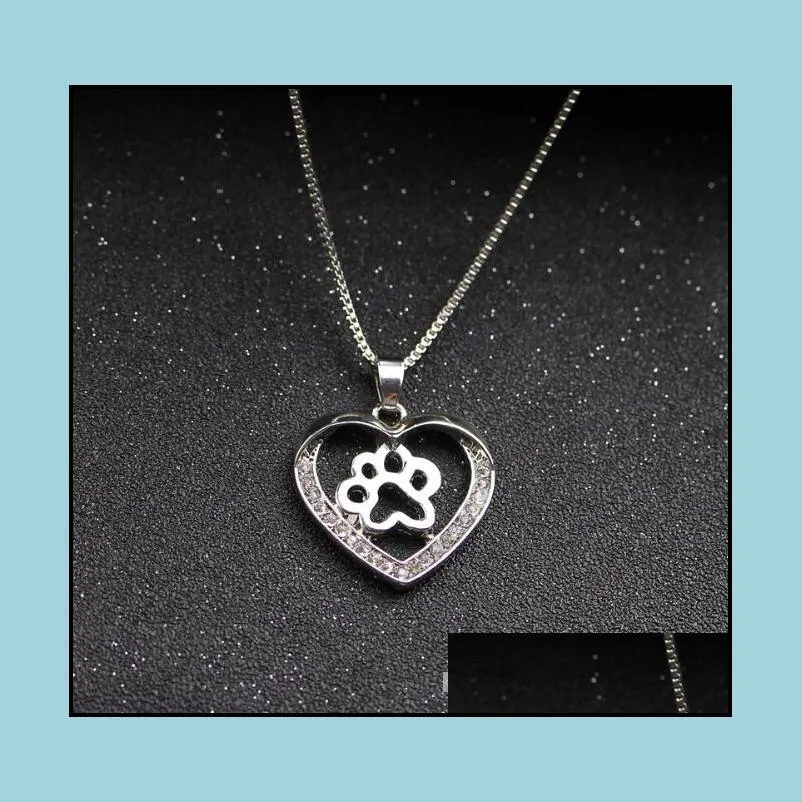 fashion heart cat dog paw necklaces inlaid crystal elegant statement jewelry alloy silver color lovely animal footprint necklace