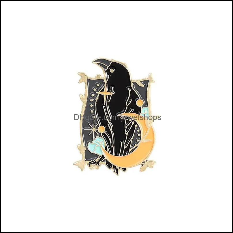 crow raven enamel pin custom bird feather moon flowers brooches bag lapel pin punk badge gothic jewelry gift for friends dark