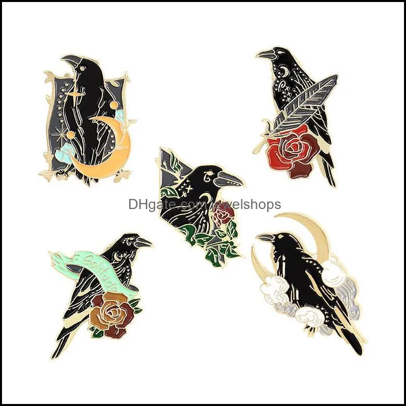 crow raven enamel pin custom bird feather moon flowers brooches bag lapel pin punk badge gothic jewelry gift for friends dark