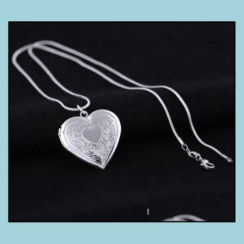heart locket photo pendant necklace delicate snake chain silver colors picture frame charm necklaces lover gift