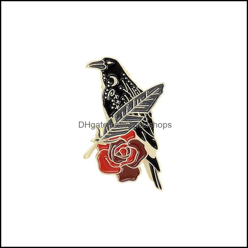 crow raven enamel pin custom bird feather moon flowers brooches bag lapel pin punk badge gothic jewelry gift for friends dark