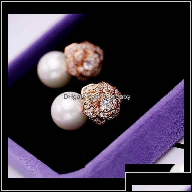 Lovely Diamond Zircon Camillia Flower Pearl Earrings For Woman Girls Super Glittering Ins Fashion Luxury Designer 925 Silver Post C6St