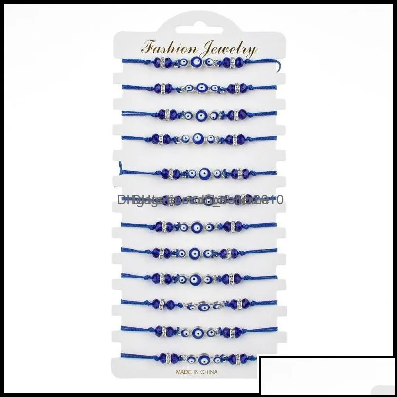 Charm Bracelets Couples Women 12Pcs/Sets Blue Turkish Evil Eye Charms Bracelets Crystal Bead Adjustable Rope Chain Ankle Dhseller2010