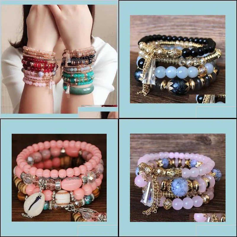 Women Fashion Jewelry Boho Middle East Marine Style Original Design Multilayer Ring Beaded Bracelets Crystal Bracelet 6 Styles Rsjfk B