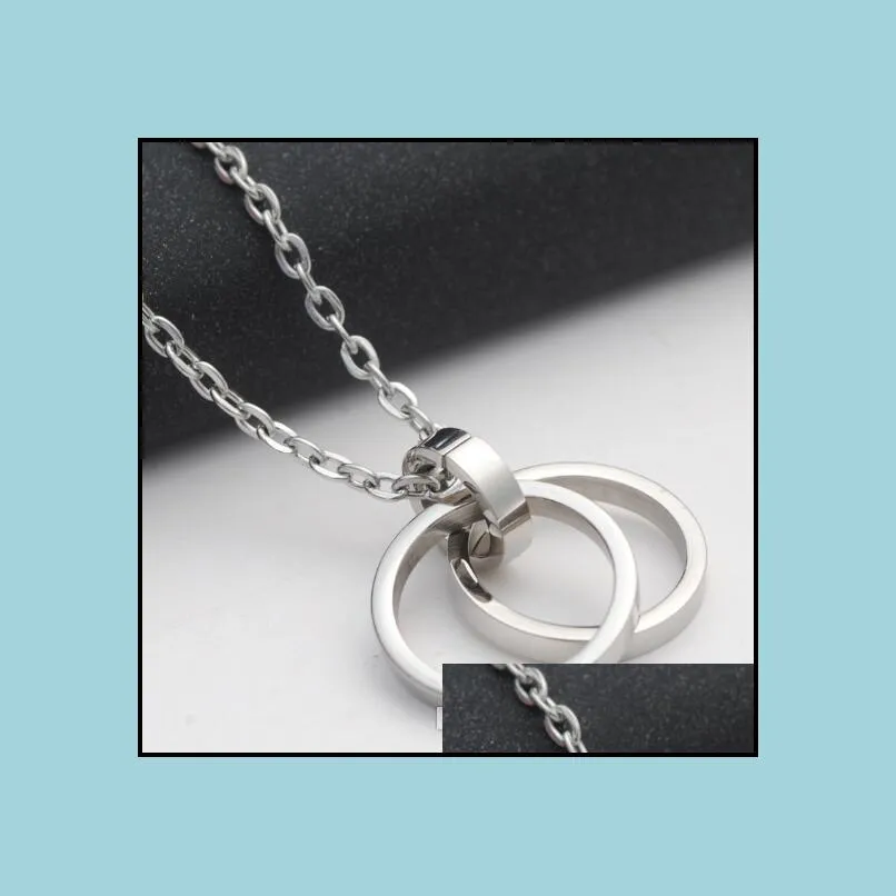 korean style cool double circle pendant necklace titanium steel hip hop jewelry for men women fashion round necklaces