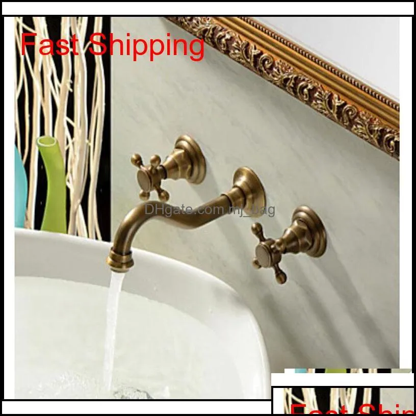 Wholesale And Retail Bathroom Sink Faucets New Antique Brass Widespread Wall Mounted Bathroom Faucet Ba qylrbX bdesports