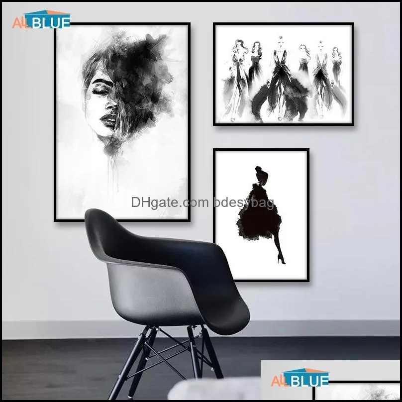 Watercolor Girl Canvas Print Painting Nordic Poster Fashion Wall Art Black And White Picture For Living Room Abstract Minimalist1