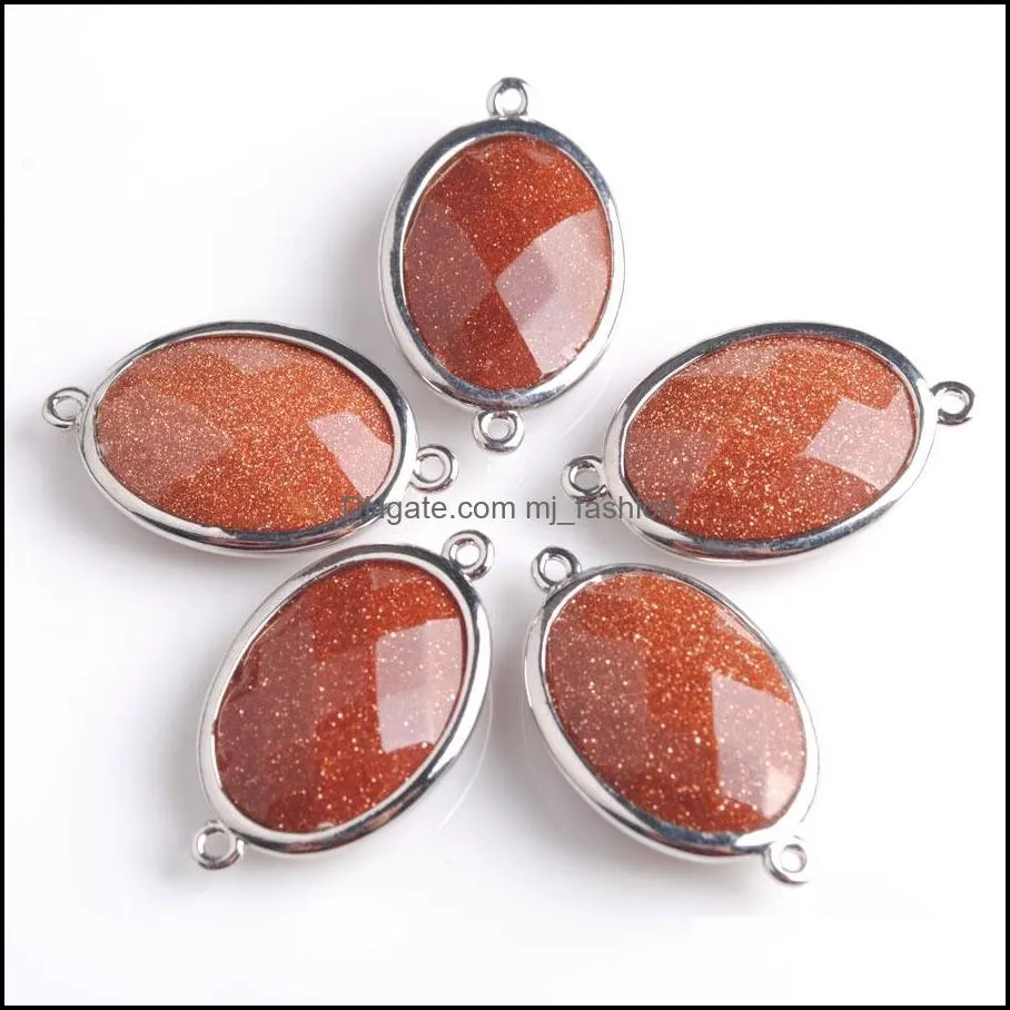silver-color double hole egg-shaped faceted natural stone gem beads for diy earring connector handcrafted jewelry bz902