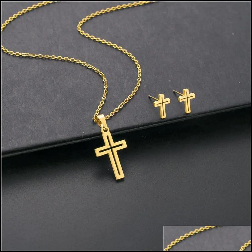 pendant necklaces european and american stainless steel cross necklace earrings set for womenpendant