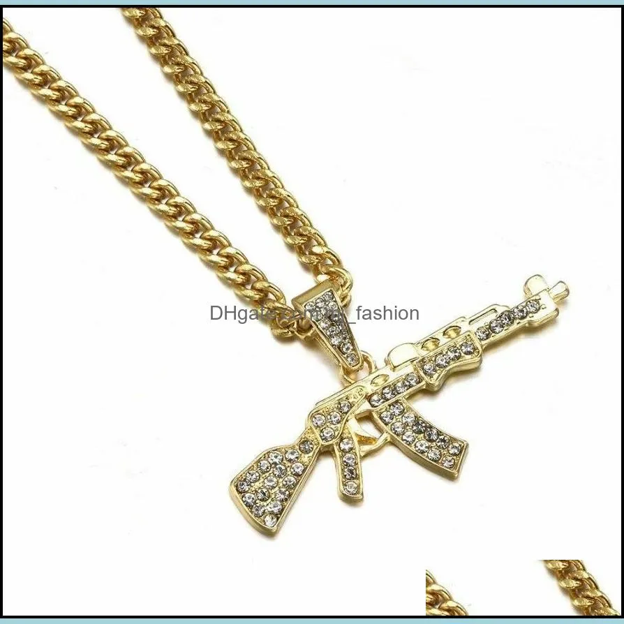 fashion hip hop submachine gun pendant necklace crystal ak 47 rhinestone bling chain necklace ladies men rapper jewelry