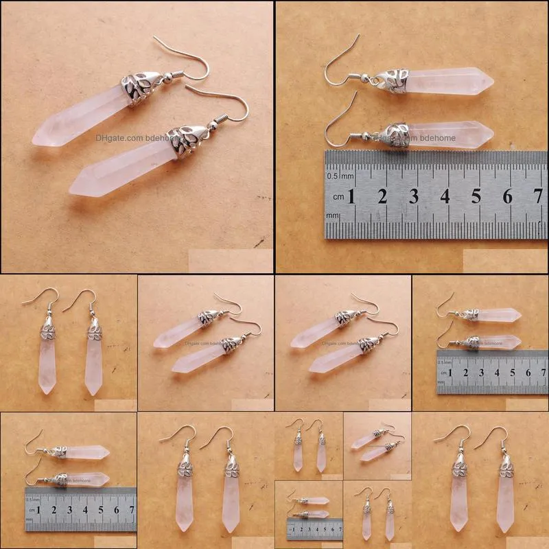 natural pink rose quartz gem stone dangle earrings hexagonal pointed reiki chakra beads for women jewelry r3068