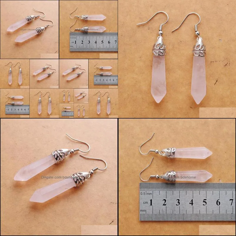 natural pink rose quartz gem stone dangle earrings hexagonal pointed reiki chakra beads for women jewelry r3068