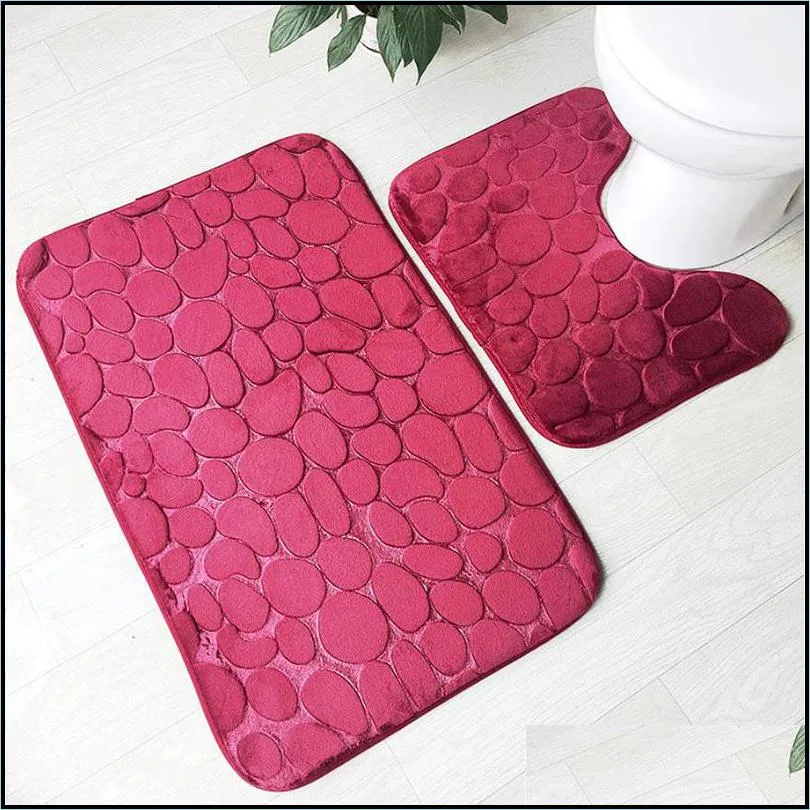 bath mat 2 piece set cobblestone pattern toilet cover foot pad non-slip absorbent bathroom doormat flannel soft bath rug carpet