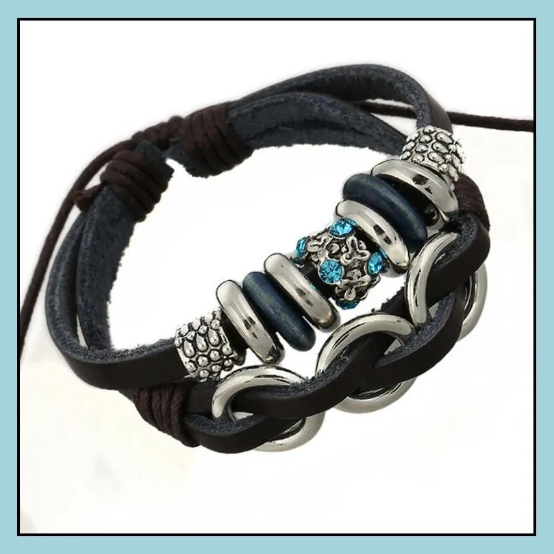 fashion charms bracelets infinity multilayer handmade blue rhinestone alloy circle leather bracelets for men jewelry wholesale