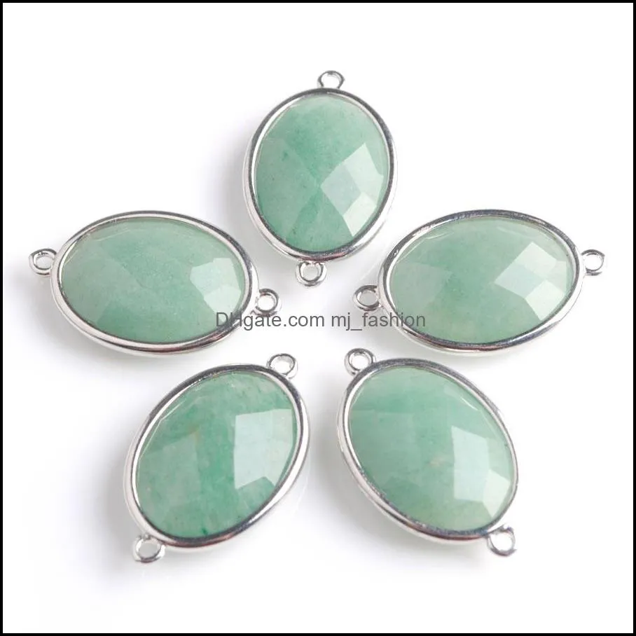 silver-color double hole egg-shaped faceted natural stone gem beads for diy earring connector handcrafted jewelry bz902