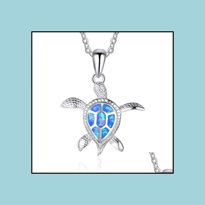 animal turtles pendant necklace natural blue opal sea women jewelry alloy silver elegant beach tortoise necklaces