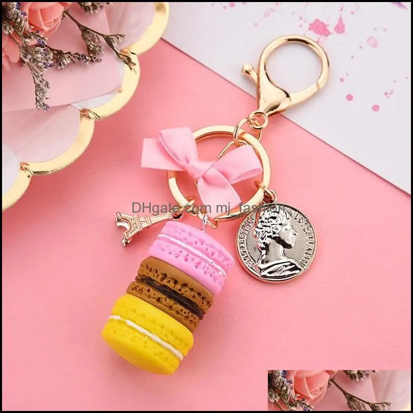 creative macaron cake keychain for women bow paris tower key ring charm car bag keychain sweet party gift jewelry